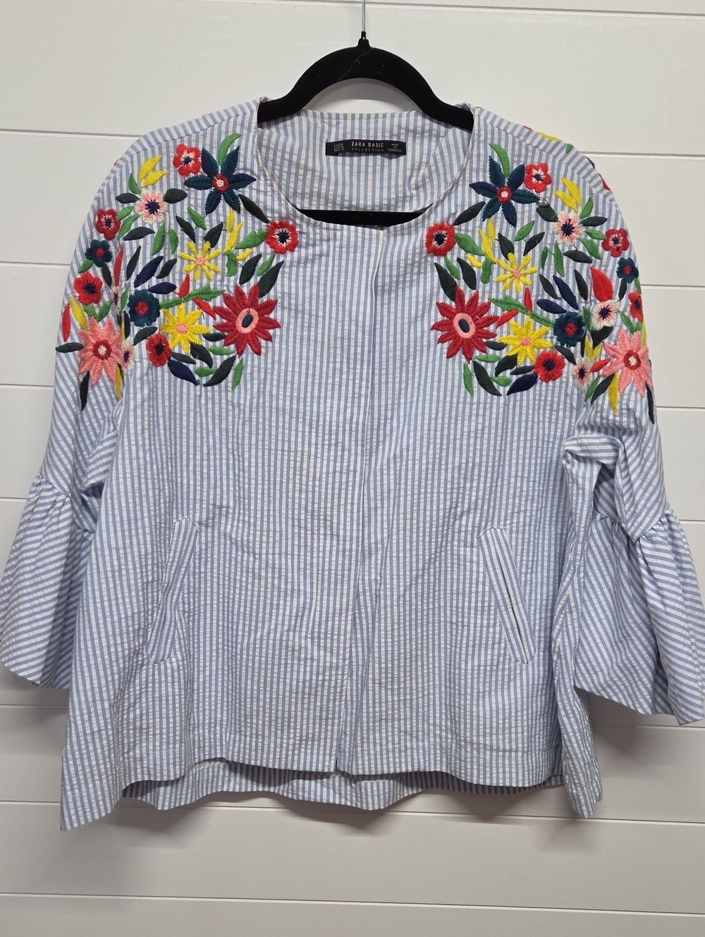 Zara Seersucker Embroidered Striped Jacket Womens Size Xl